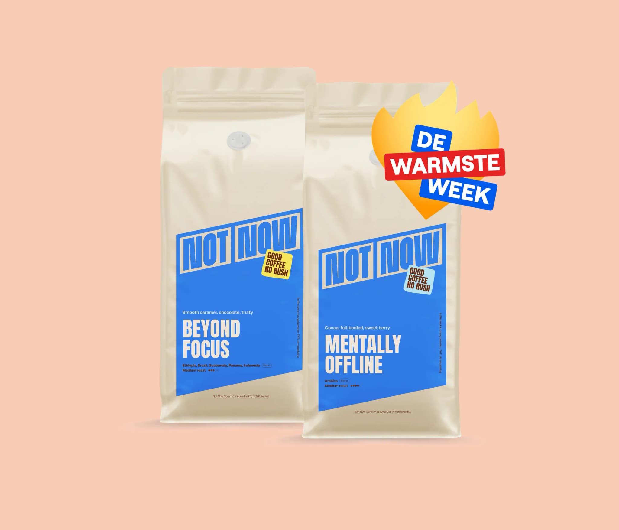 Twee crèmekleurige koffiezakken met blauwe etiketten van Not Now tegen een perzikkleurige achtergrond.